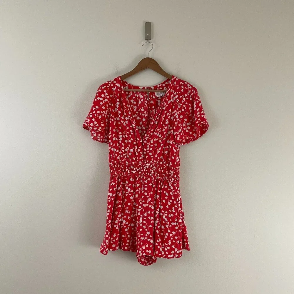 Anthropologie The Somerset Red Floral Linen Romper Size XS